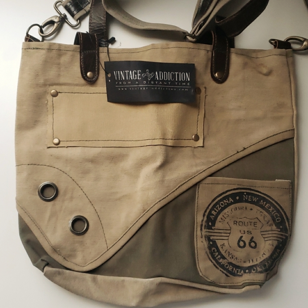 Beige 'Route 66' Recycled Military Tent Cross Body Bag